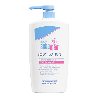 Sebamed baby body lotion bottle on a white background