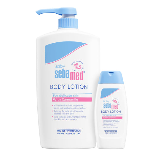 Two bottles of Baby sebamed body lotion on a white background