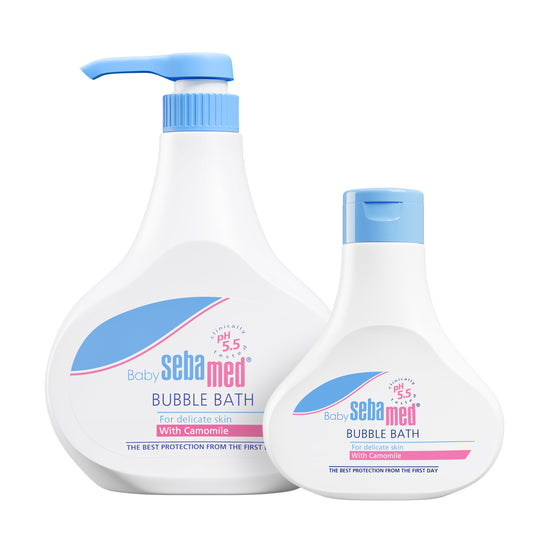 Two bottles of Baby Sebamed Bubble Bath on a white background