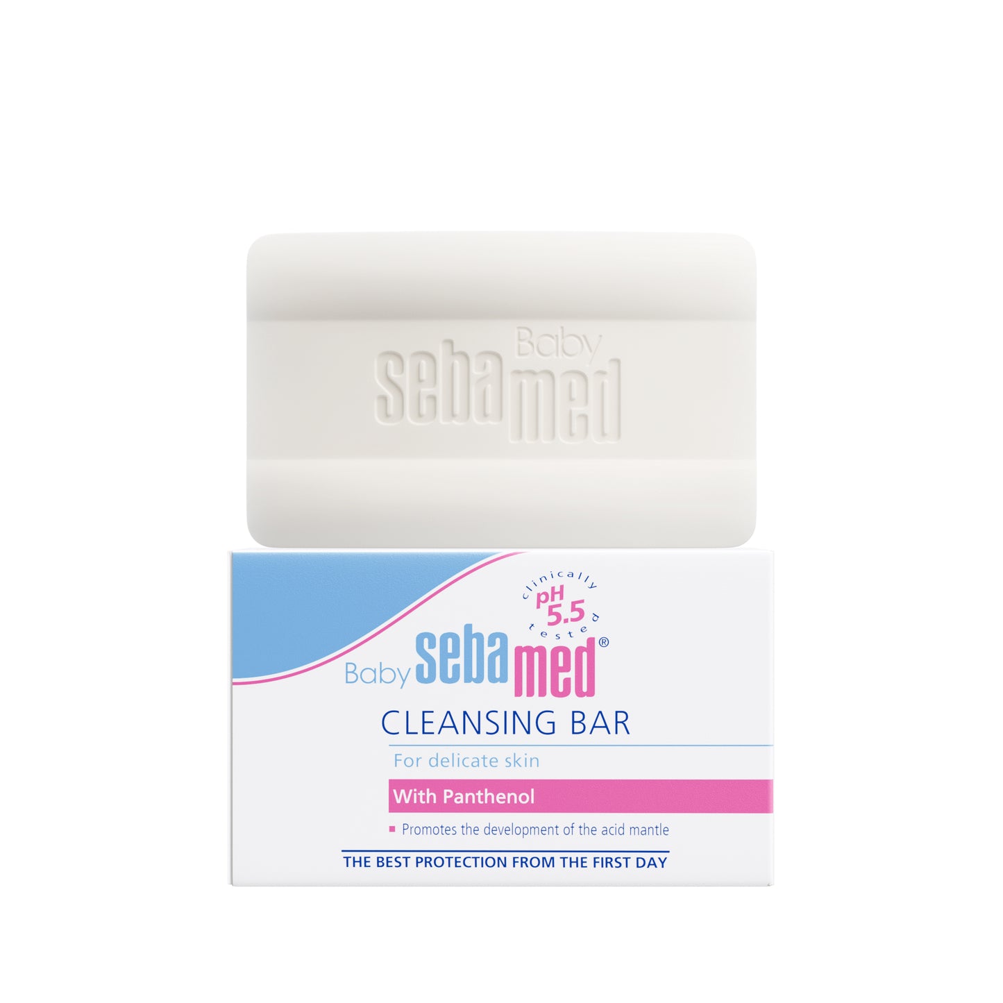 Baby Sebamed cleansing bar with packaging on a white background