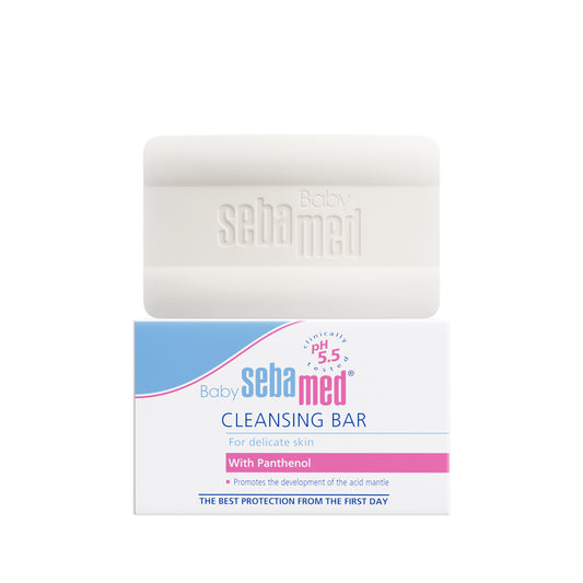 Baby Sebamed cleansing bar with packaging on a white background