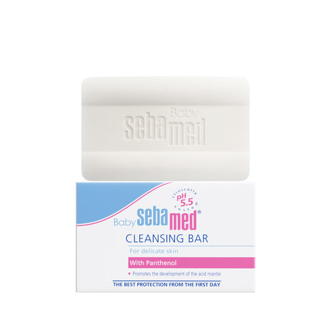 Baby Sebamed cleansing bar with packaging on a white background