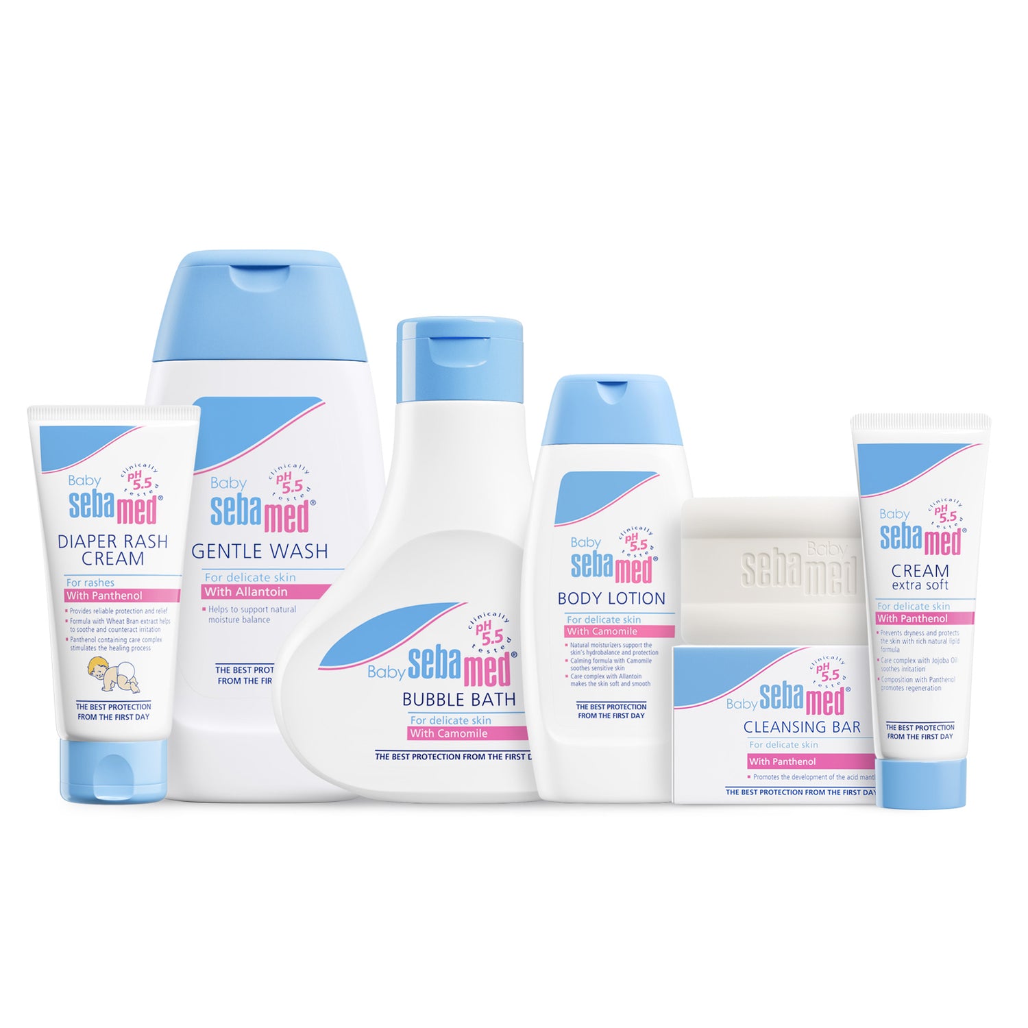 Collection of Sebamed baby care products on a white background