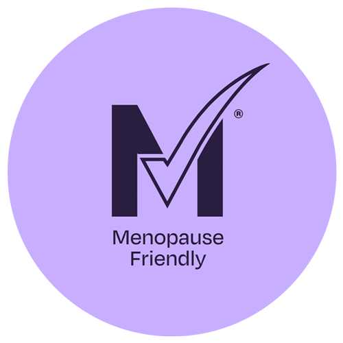 Logo with 'M Tick' symbol and 'Menopause Friendly' text on a purple circle