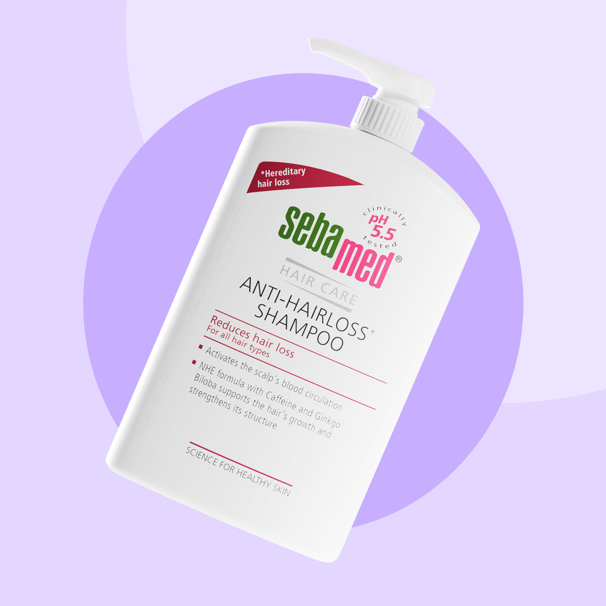Sebamed anti-hairloss shampoo bottle on a purple background