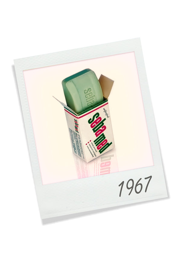 Polaroid-style photo of a sebamed cleansing bar and its packaging with '1967' text.