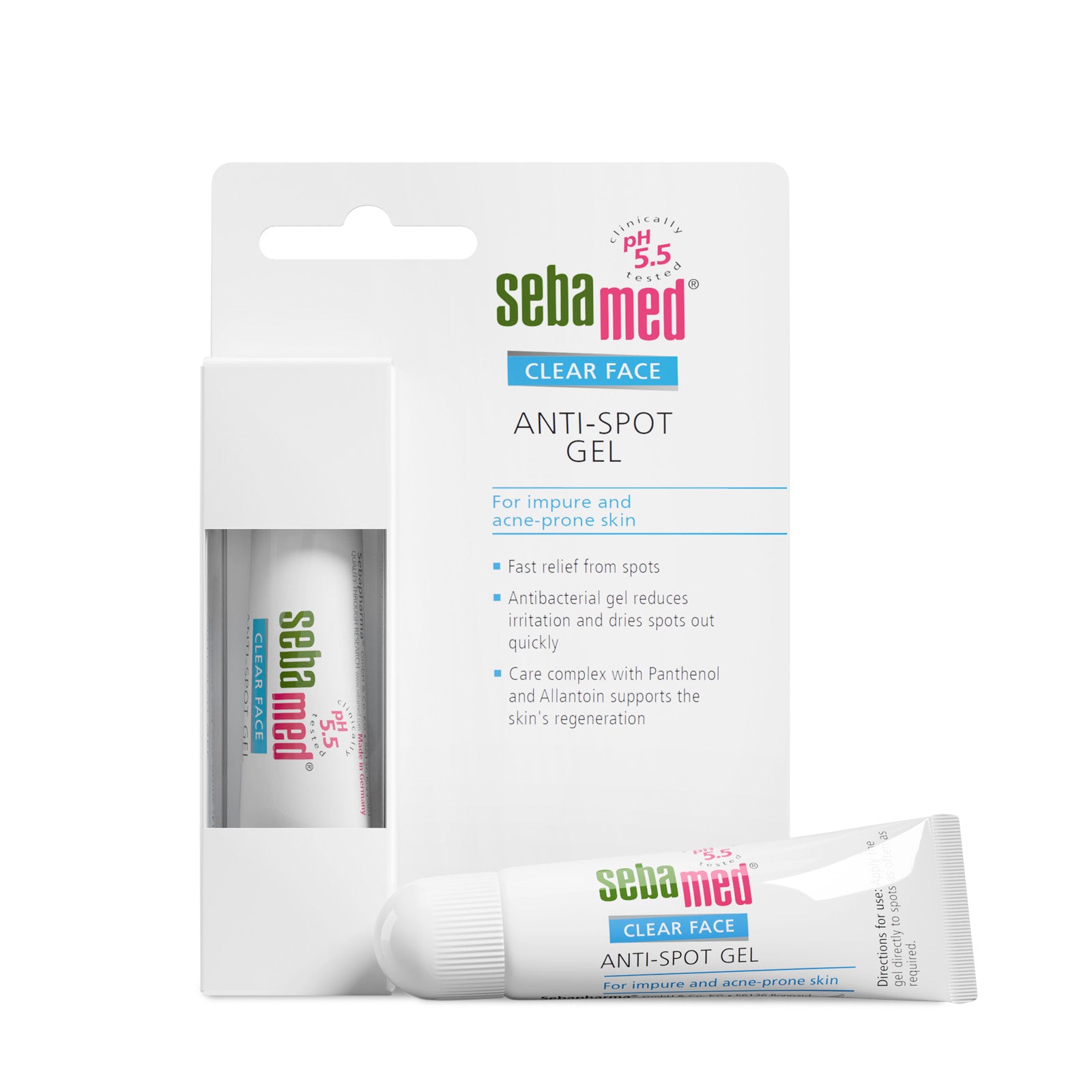 Sebamed Clear Face Anti-Spot Gel packaging with tube and box on a white background