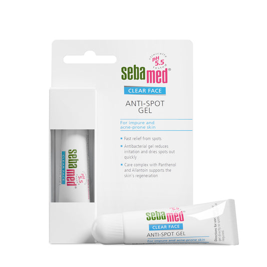 Sebamed Clear Face Anti-Spot Gel packaging with tube and box on a white background