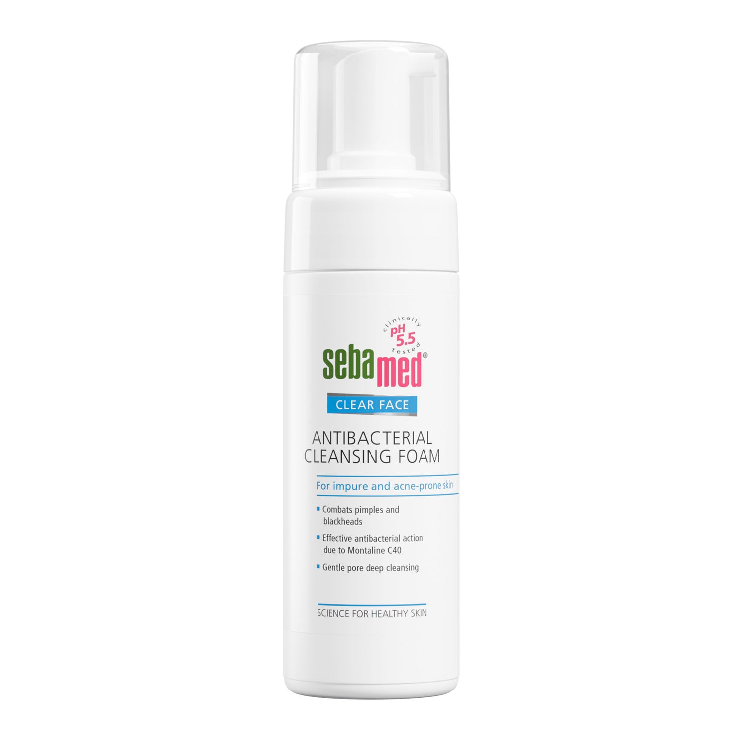 Sebamed antibacterial cleansing foam bottle on a white background
