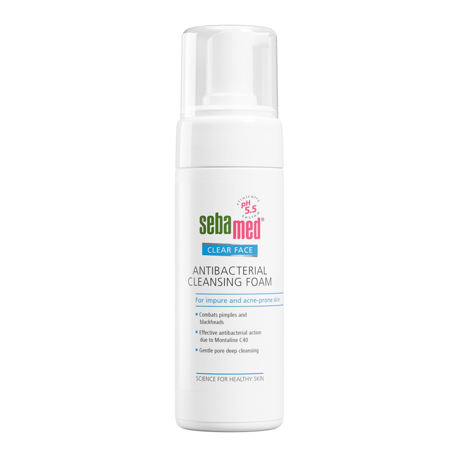 Sebamed antibacterial cleansing foam bottle on a white background