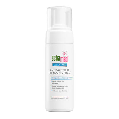 Sebamed antibacterial cleansing foam bottle on a white background