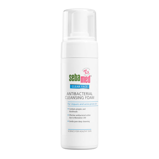 Sebamed antibacterial cleansing foam bottle on a white background