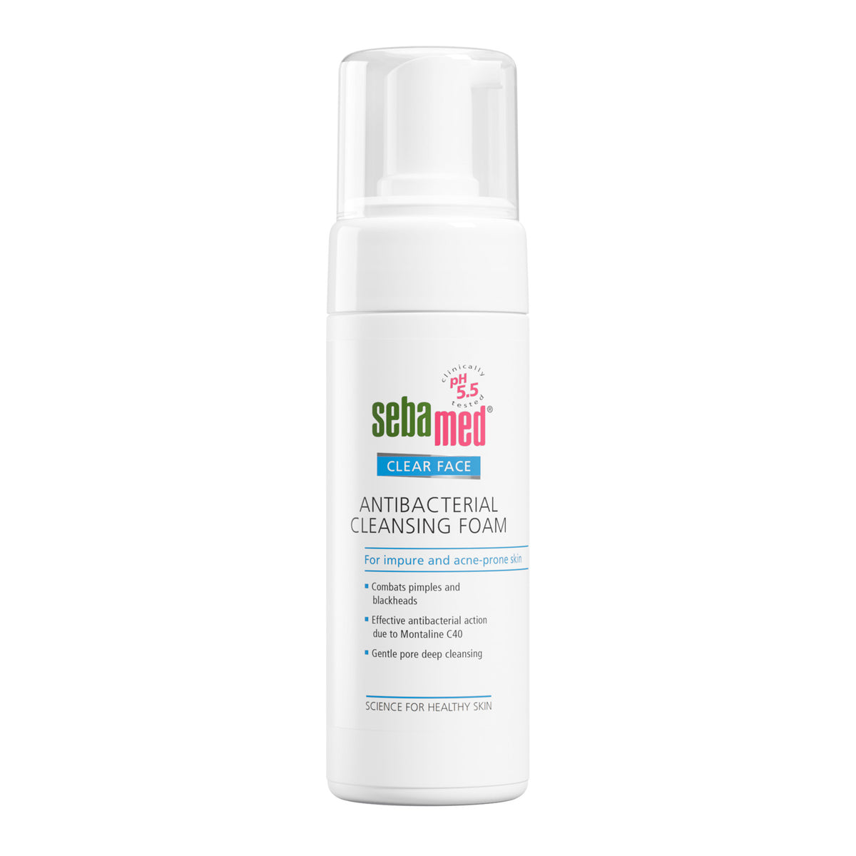 Sebamed antibacterial cleansing foam bottle on a white background
