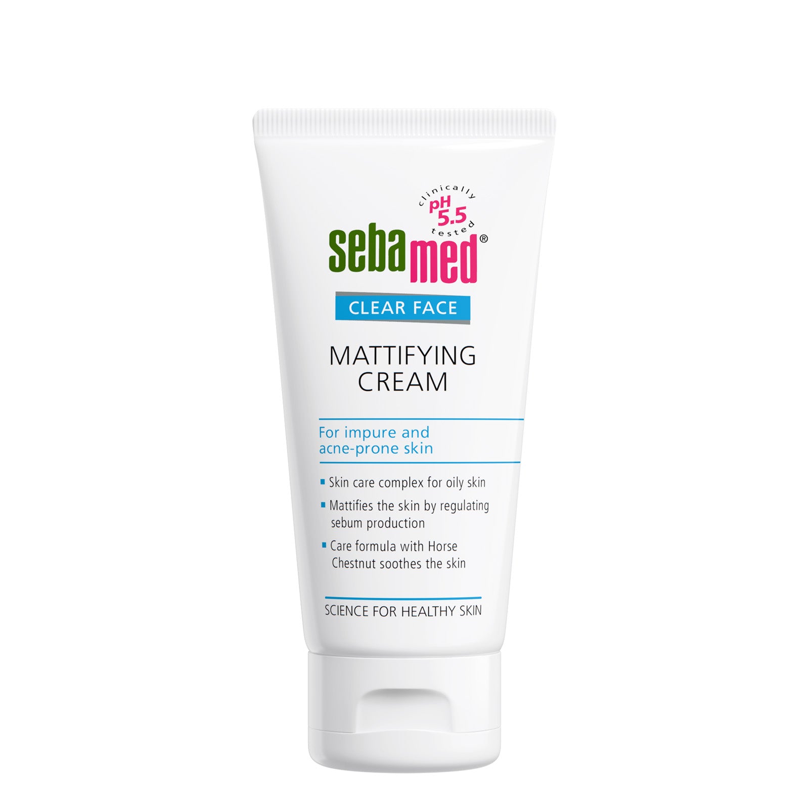 Tube of Sebamed Clear Face Mattifying Cream on white background
