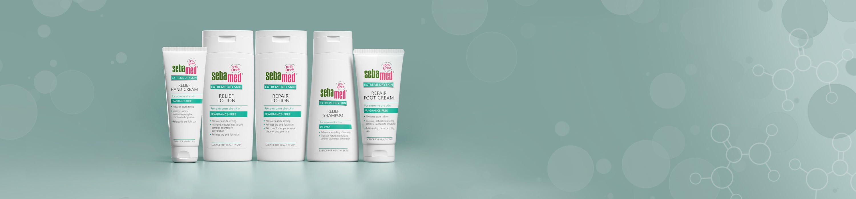 Sebamed Extreme Dry skincare range with Urea on a green background