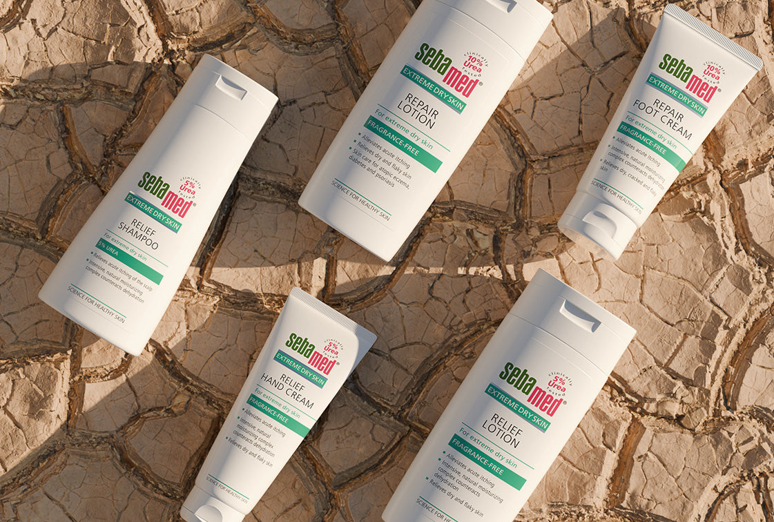 The Sebamed Extrem Dry Skin range laid flat diagonally on a textured cracked earth background. The products include shampoo, lotions, hand cream, and foot cream, with green and red branding.