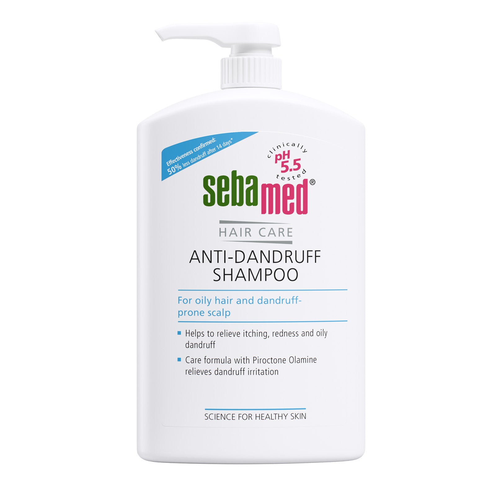 1000ml Bottle of Sebamed Anti-Dandruff Shampoo - for oily hair and dandruff prone scalp - on a white background