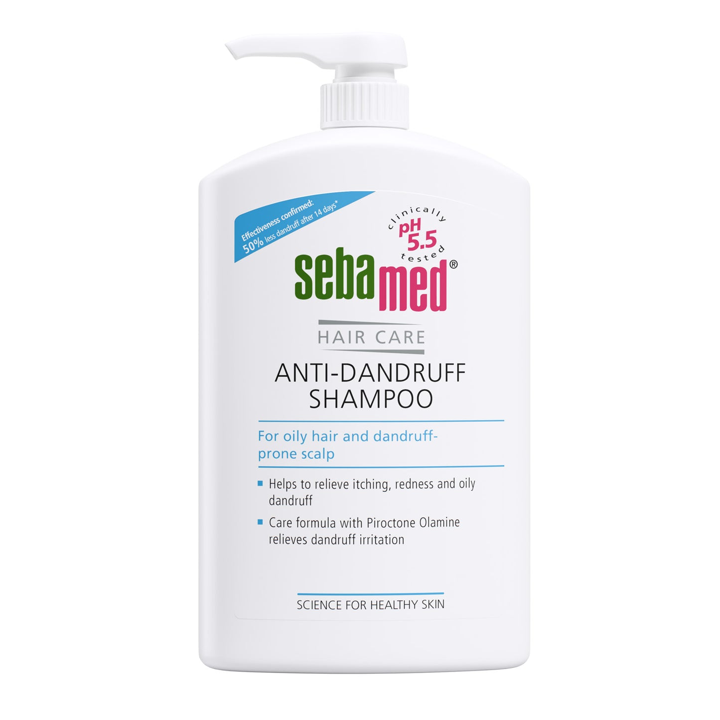 1000ml Bottle of Sebamed Anti-Dandruff Shampoo - for oily hair and dandruff prone scalp - on a white background