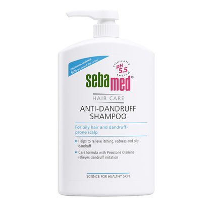 1000ml Bottle of Sebamed Anti-Dandruff Shampoo - for oily hair and dandruff prone scalp - on a white background