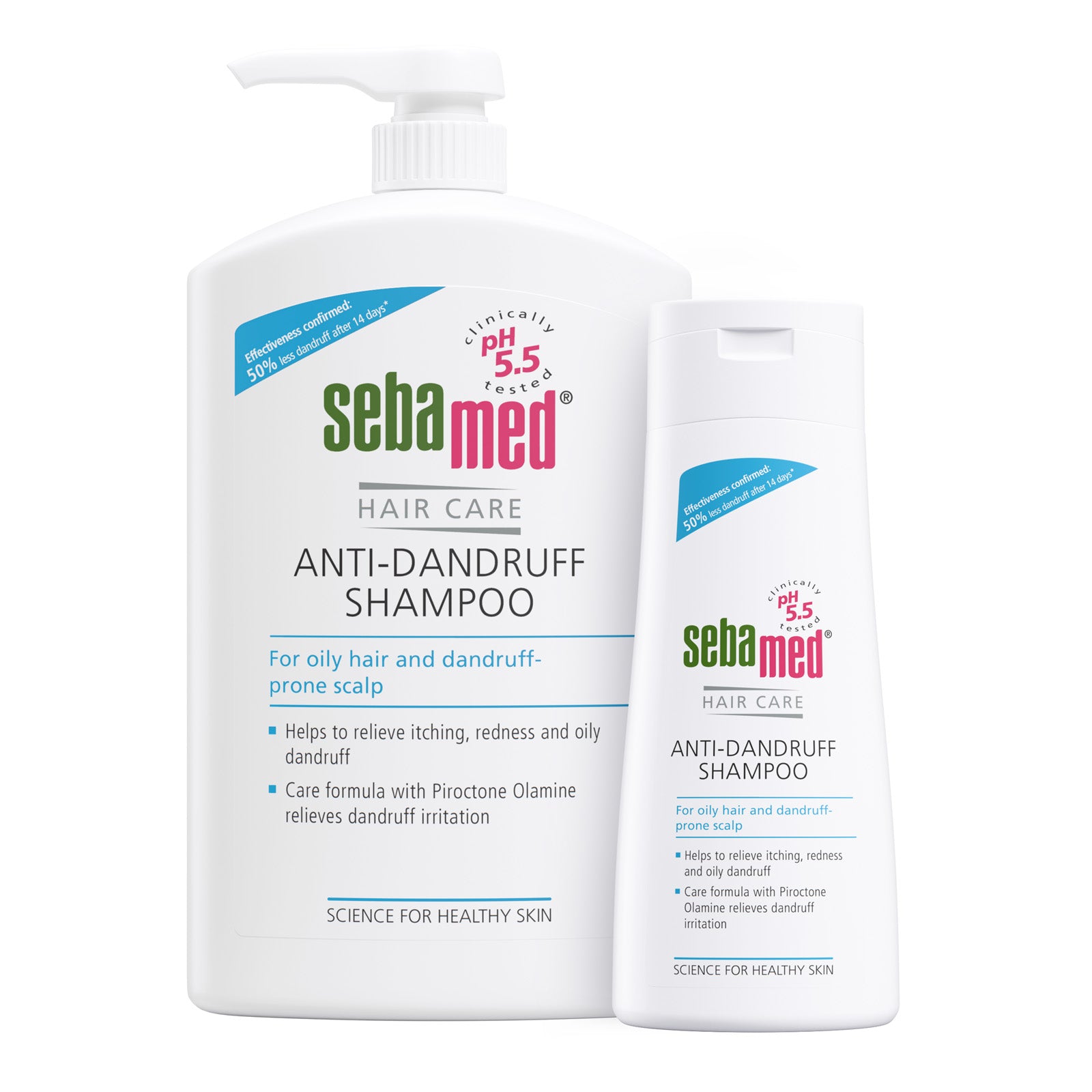 Bottles of Sebamed Anti-Dandruff Shampoo - for oily hair and dandruff prone scalp - on a white background