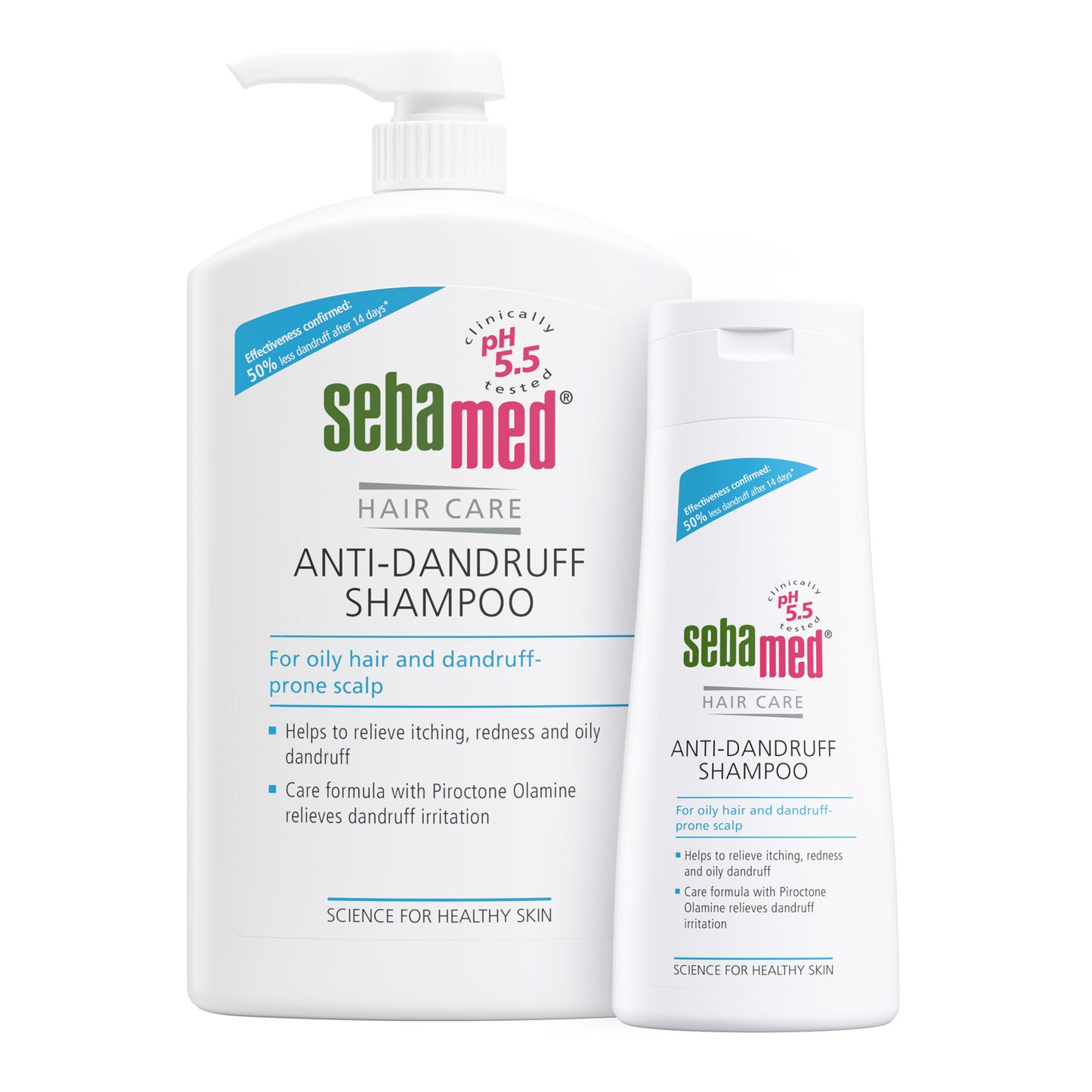 Bottles of Sebamed Anti-Dandruff Shampoo - for oily hair and dandruff prone scalp - on a white background