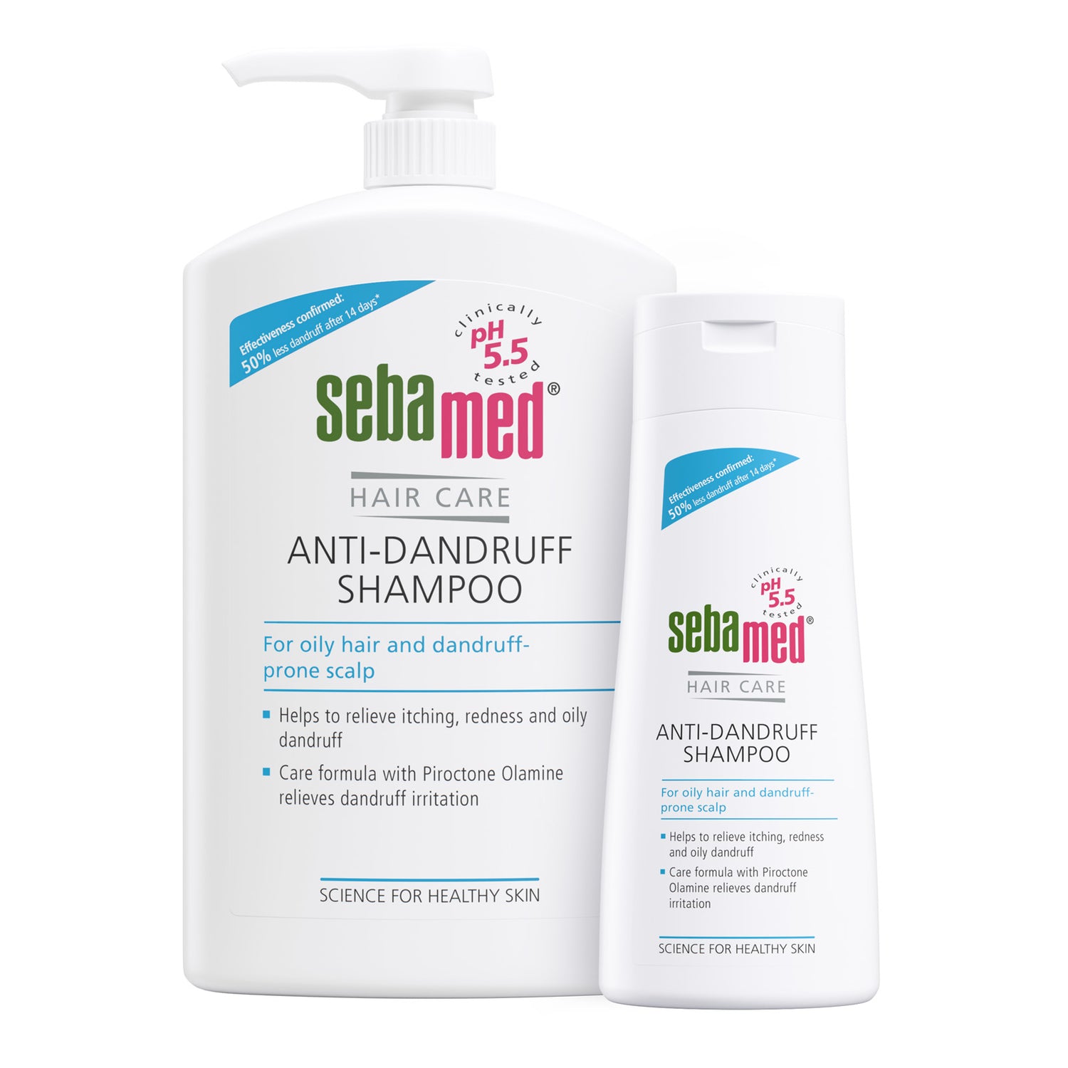 Bottles of Sebamed Anti-Dandruff Shampoo - for oily hair and dandruff prone scalp - on a white background