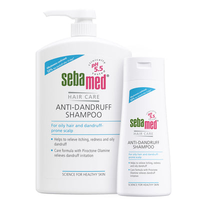 Bottles of Sebamed Anti-Dandruff Shampoo - for oily hair and dandruff prone scalp - on a white background