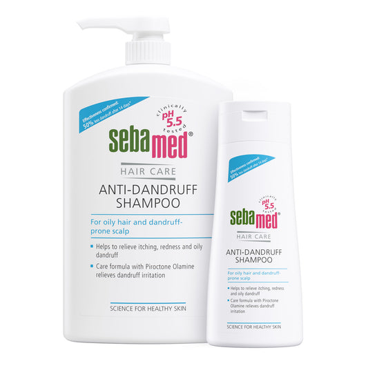 Bottles of Sebamed Anti-Dandruff Shampoo - for oily hair and dandruff prone scalp - on a white background