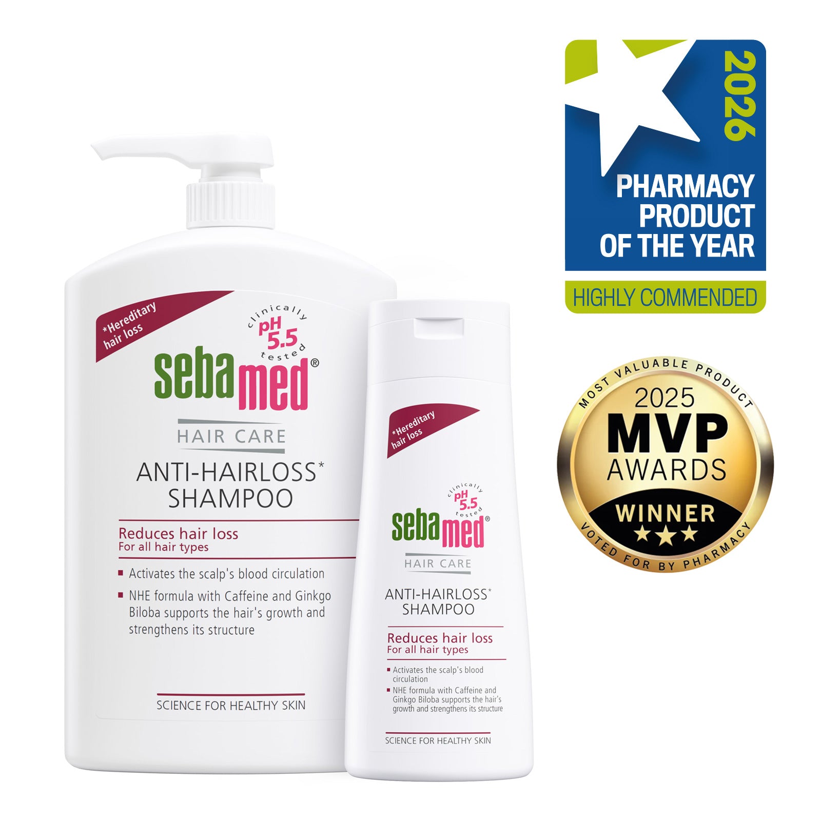 Sebamed Anti-Hairloss Shampoo with MVP award and Pharmacy Product of the Year Award