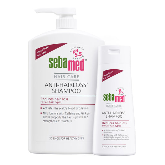 Bottles of Sebamed Anti-Hairloss Shampoo - reduces hair loss - on a white background