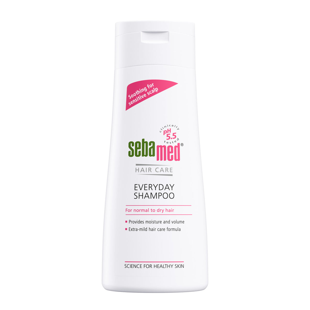 200ml Bottle of Sebamed Everyday Shampoo for normal or dry hair on a white background