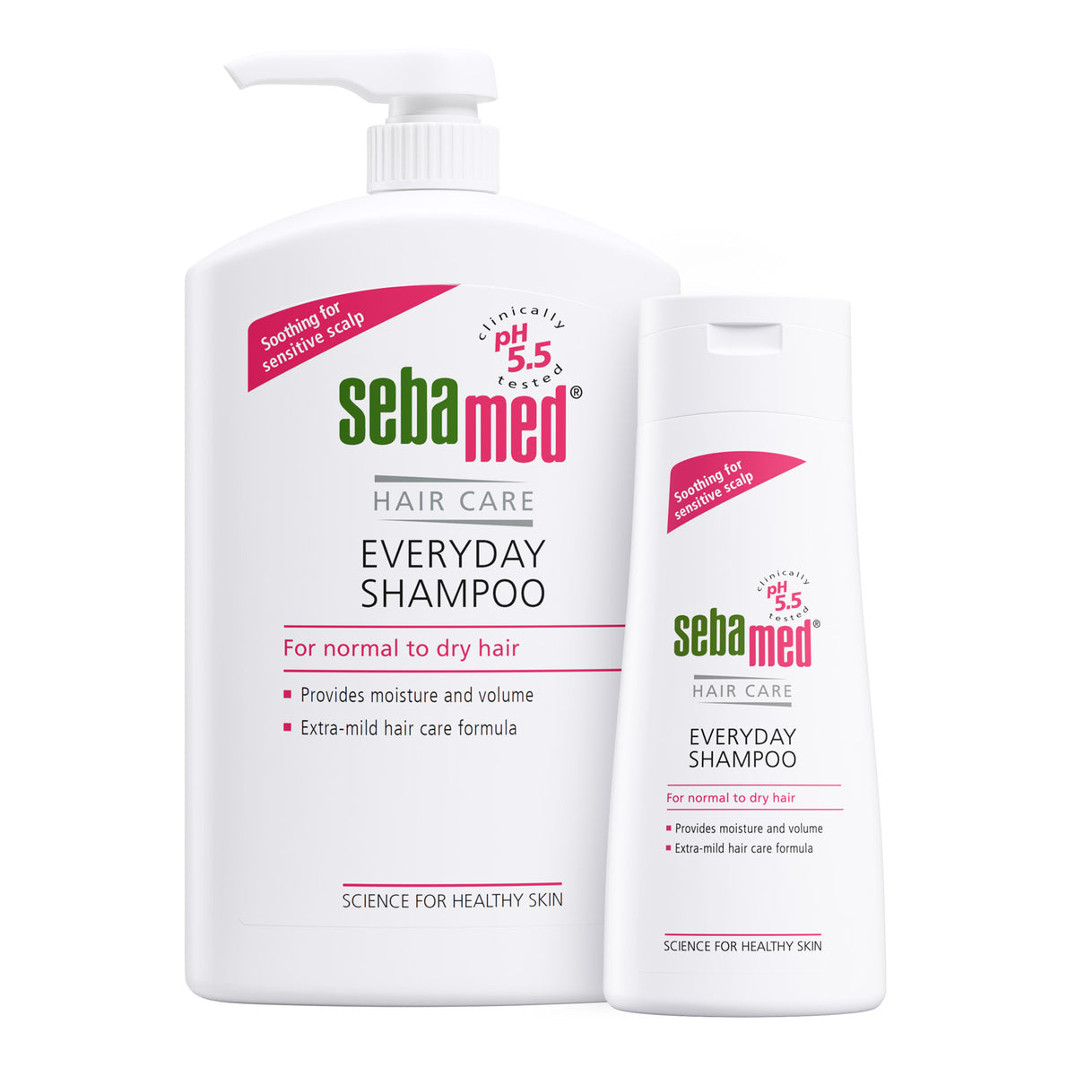 Bottles of Sebamed Everyday Shampoo for normal or dry hair on a white background