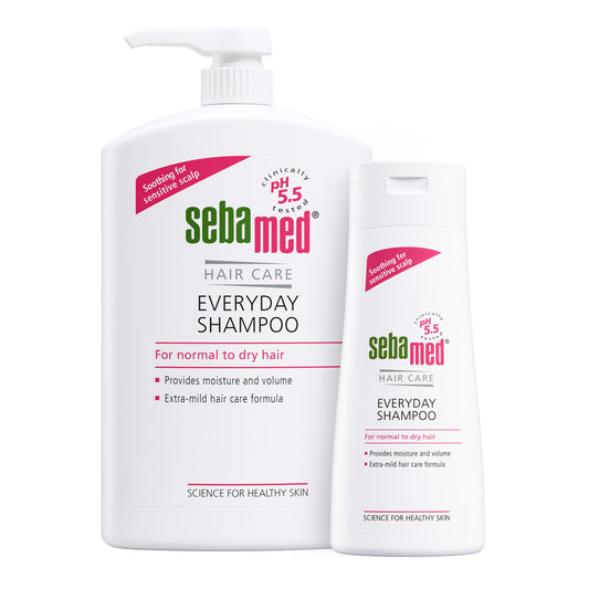 Bottles of Sebamed Everyday Shampoo for normal or dry hair on a white background