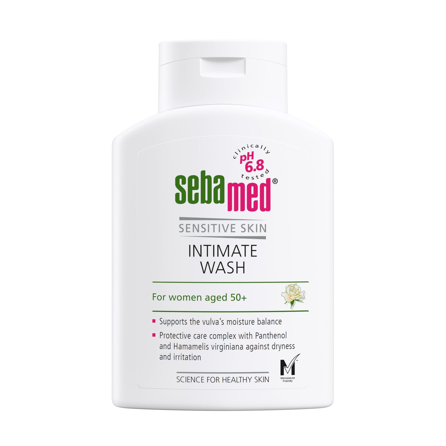 Sebamed menopause friendly intimate wash 200ml bottle on a white background
