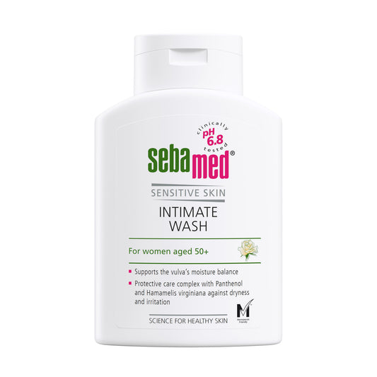 Sebamed menopause friendly intimate wash 200ml bottle on a white background