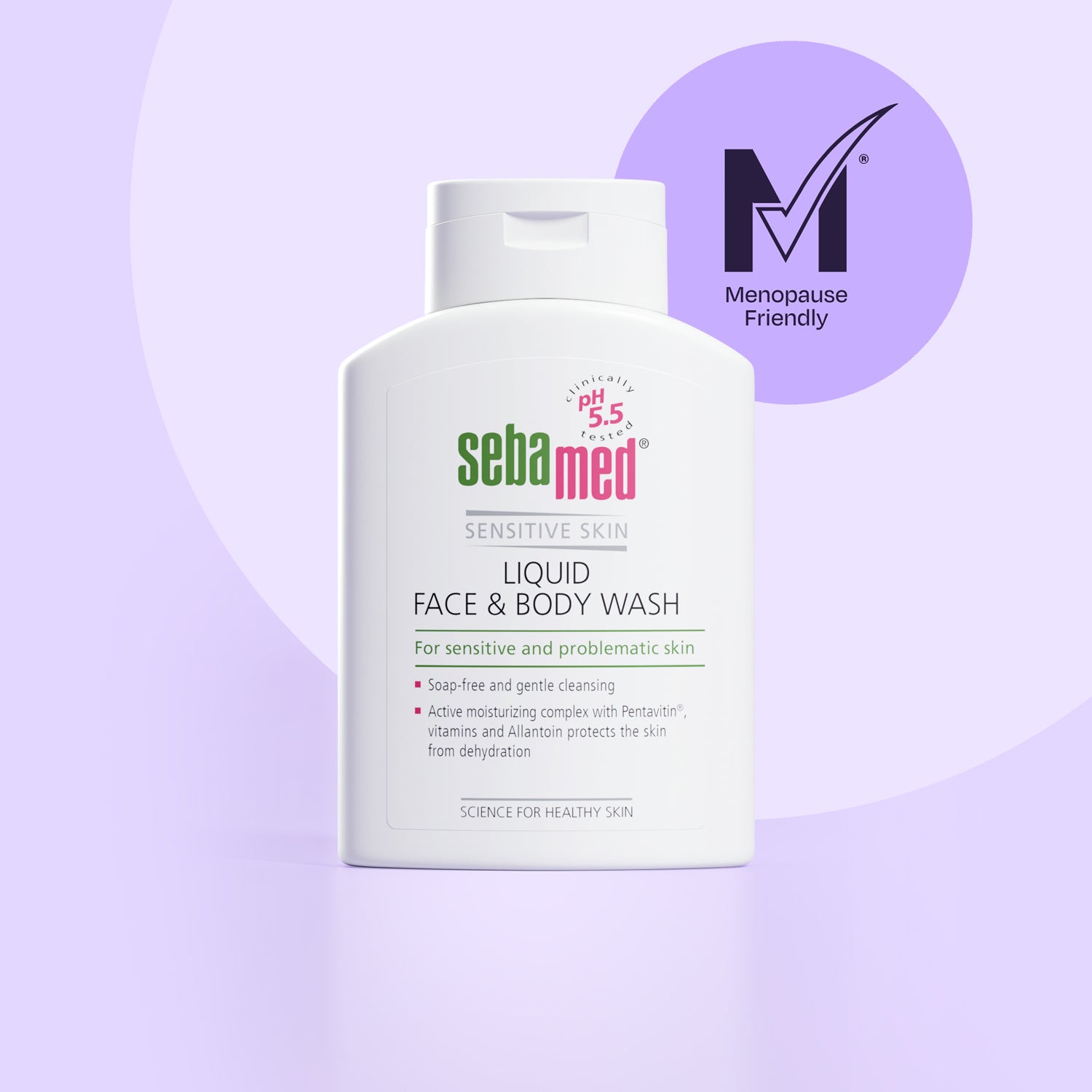 Sebamed liquid face and body wash bottle on a purple background
