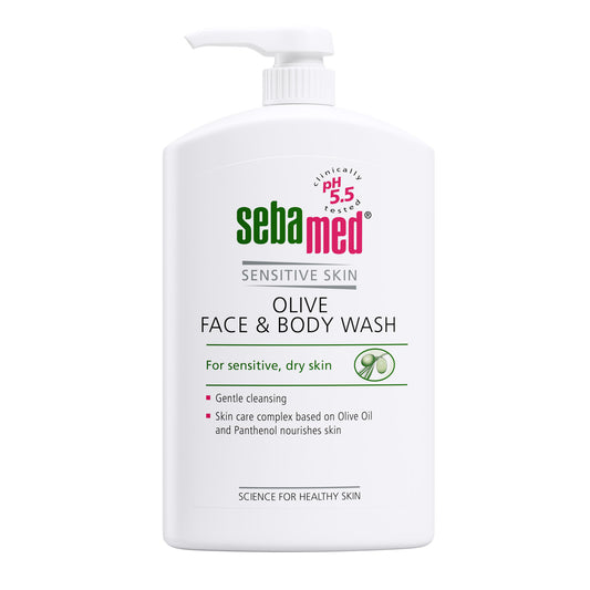 Sebamed Olive Face & Body Wash bottle on a white background