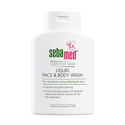 200ml bottle of Sebamed Liquid Face and Body Wash for sensitive skin on a white background
