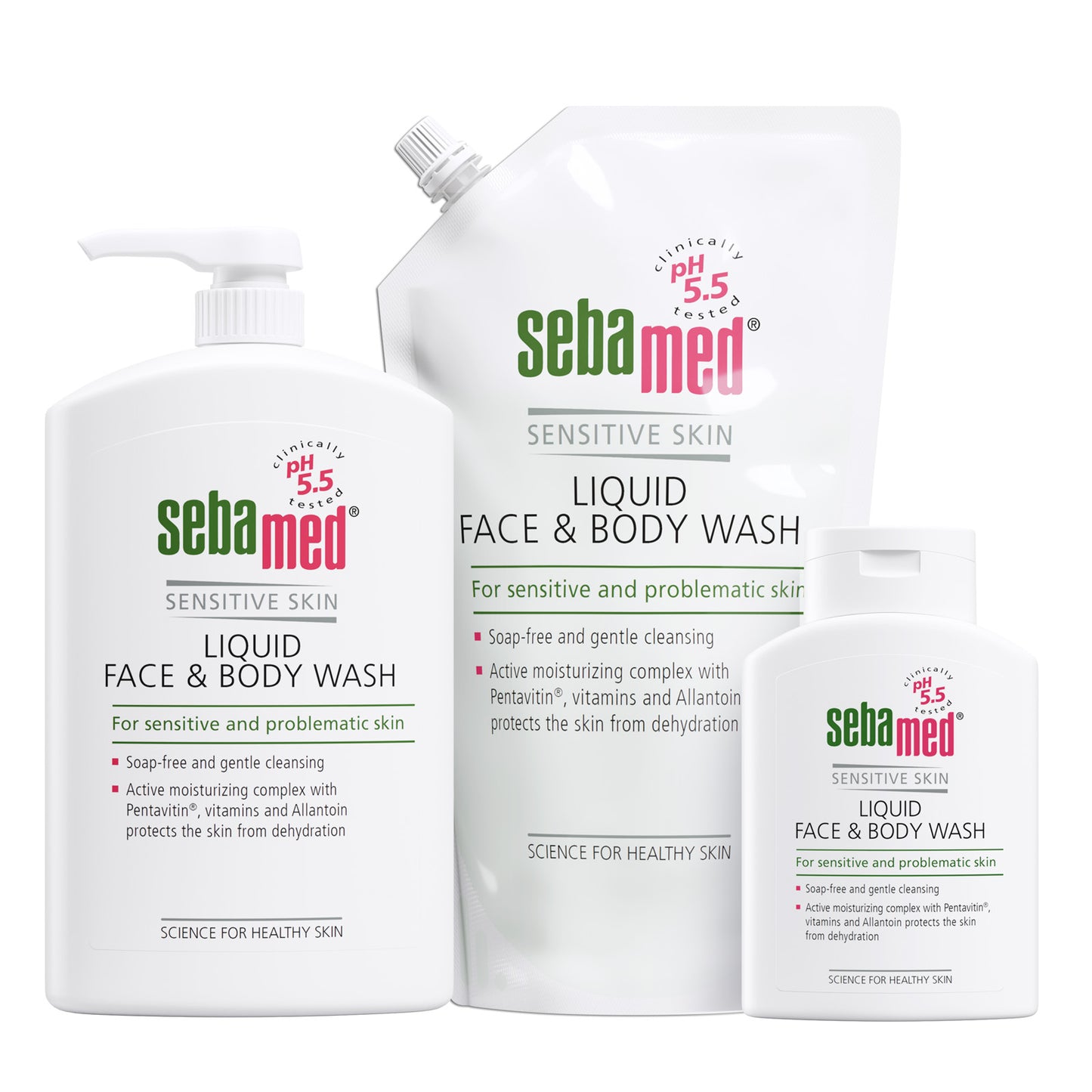 Three sizes of Sebamed Liquid Face and Body Wash on a white background