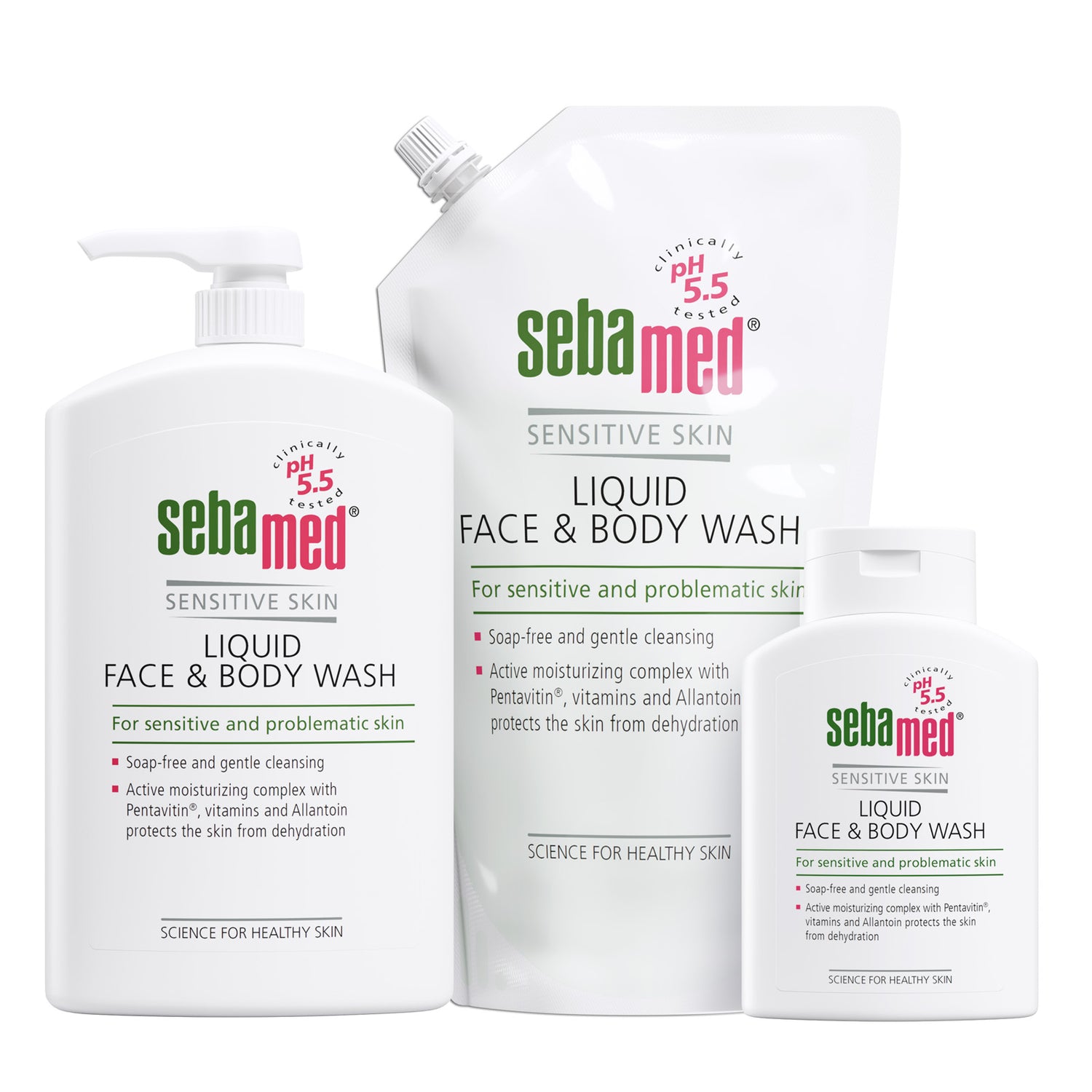 Three sizes of Sebamed Liquid Face and Body Wash on a white background