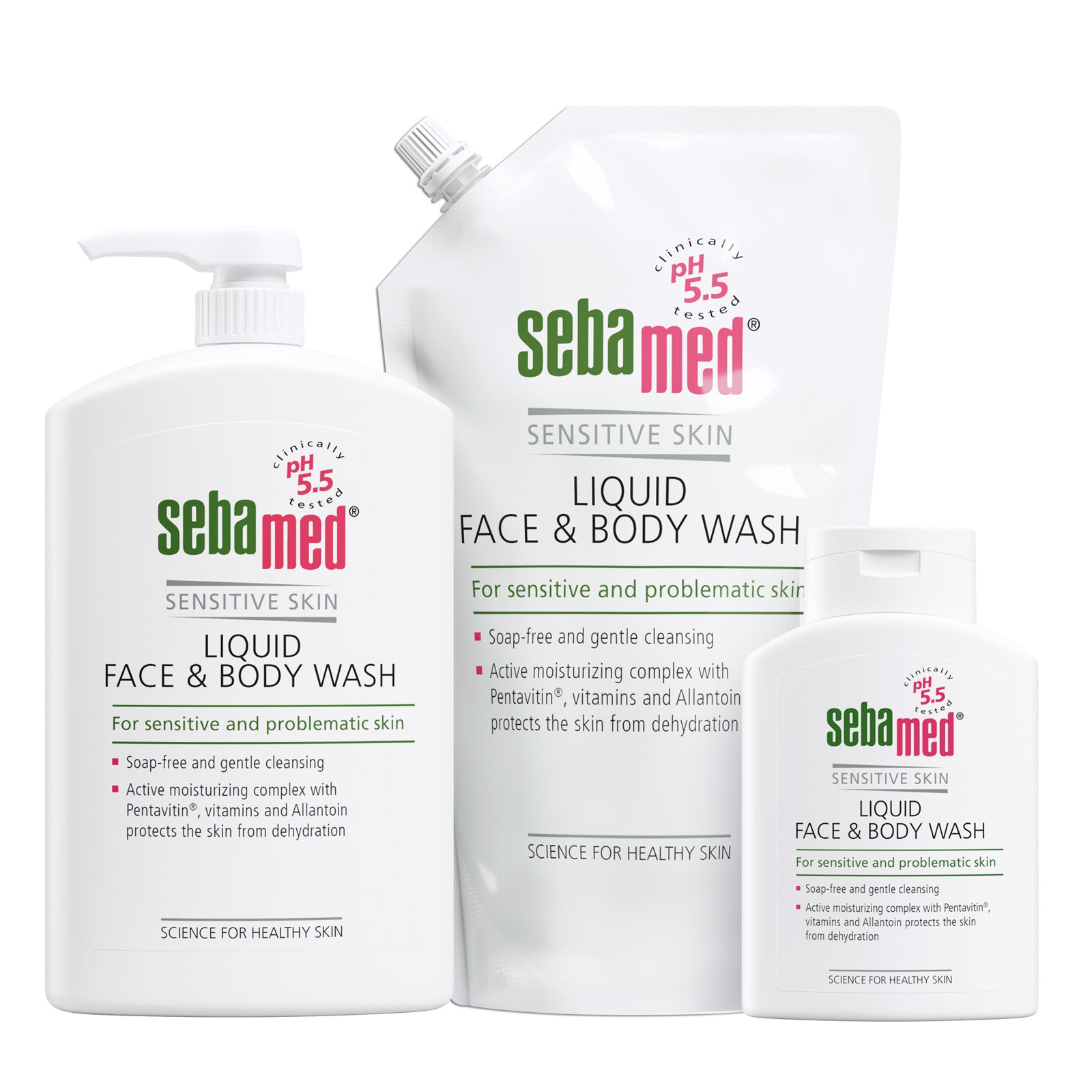 Three sizes of Sebamed Liquid Face and Body Wash on a white background