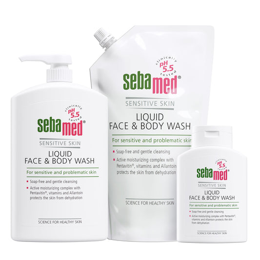 Three sizes of Sebamed Liquid Face and Body Wash on a white background