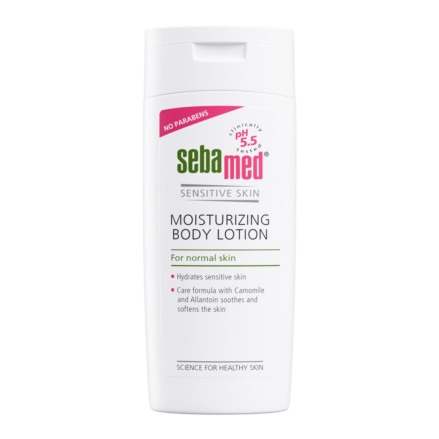 Sebamed moisturizing body lotion for sensitive skin, 200ml bottle on a white background