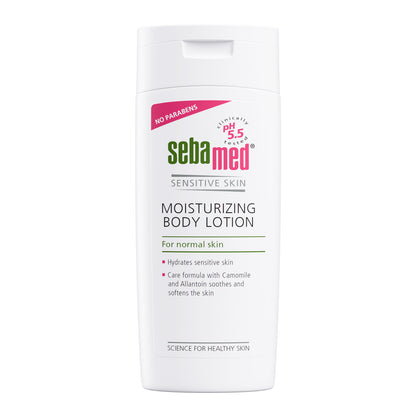 Sebamed moisturizing body lotion for sensitive skin, 200ml bottle on a white background