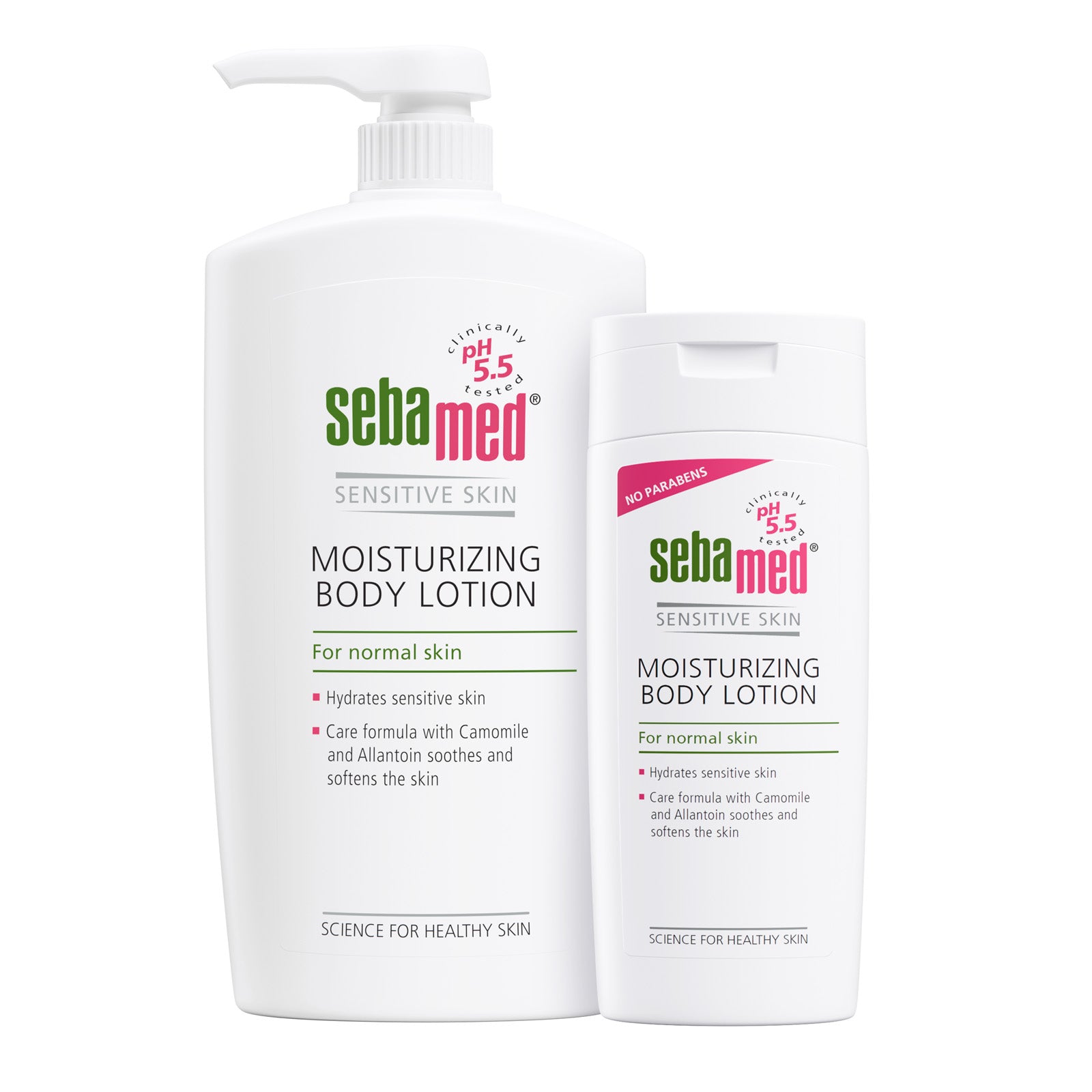 Two sizes of Sebamed Moisturizing Body Lotion for senstive skin on a white background