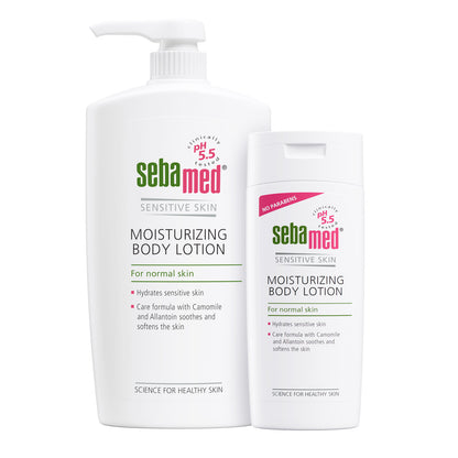 Two sizes of Sebamed Moisturizing Body Lotion for senstive skin on a white background