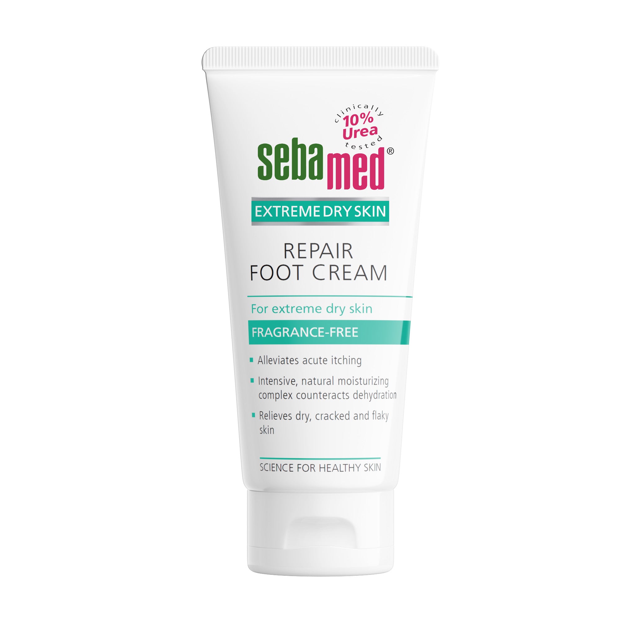 A white squeeze tube of sebamed Repair Foot Cream for extreme dry skin, featuring green and pink branding on a clean white background.