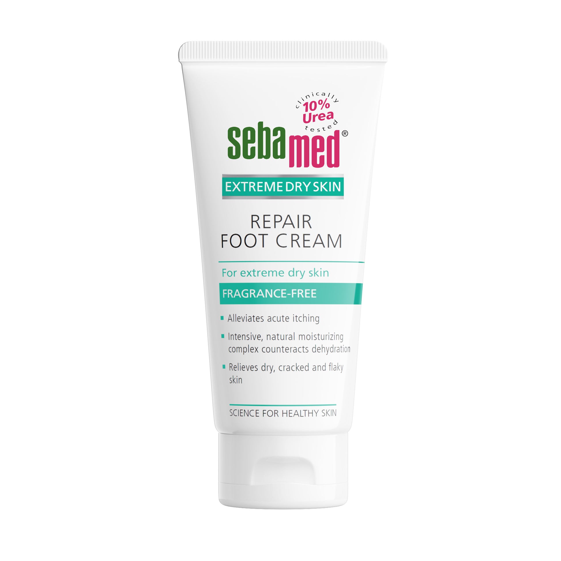 A white squeeze tube of sebamed Repair Foot Cream for extreme dry skin, featuring green and pink branding on a clean white background.