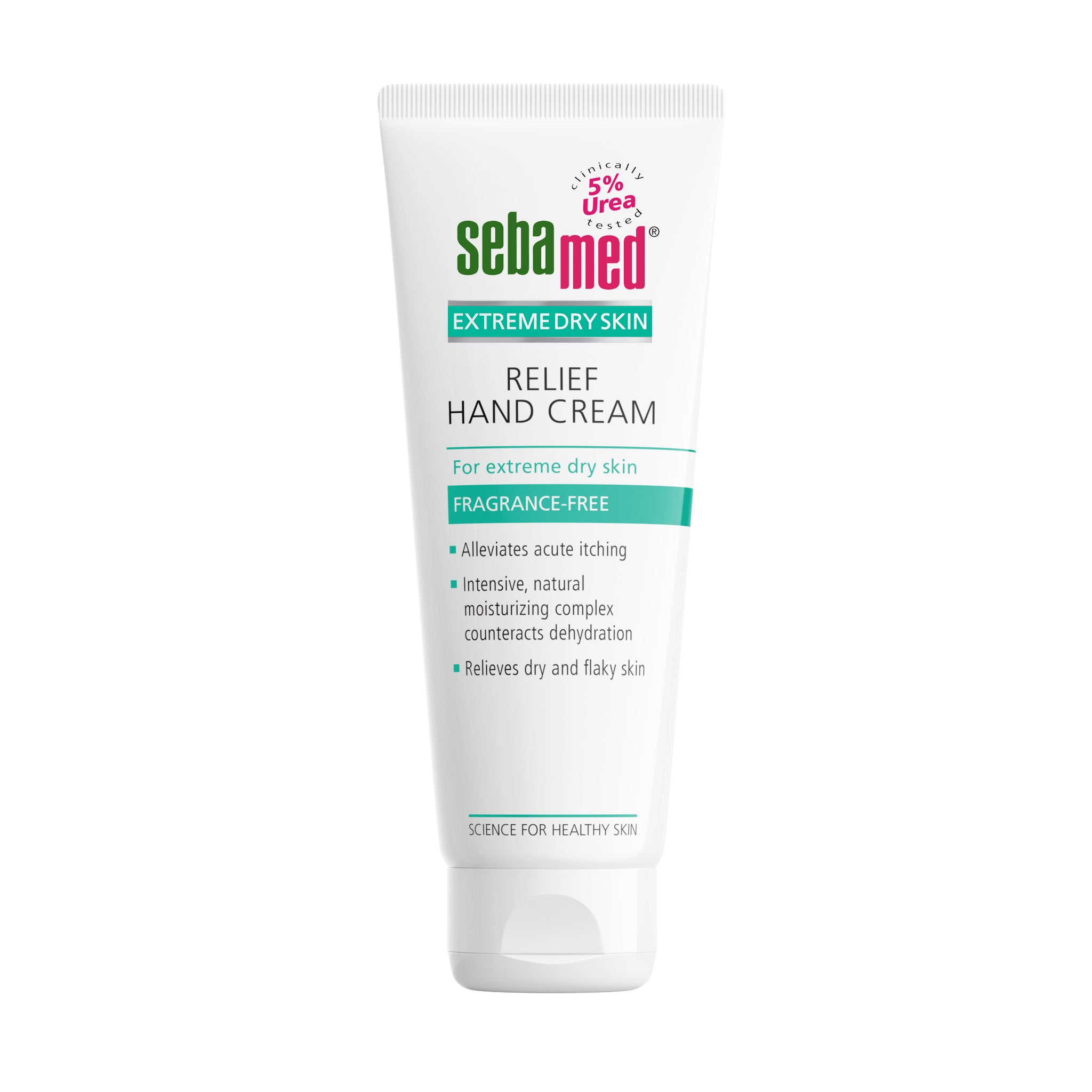 Tube of Sebamed Extreme Dry Skin Relief Hand Cream on a white background