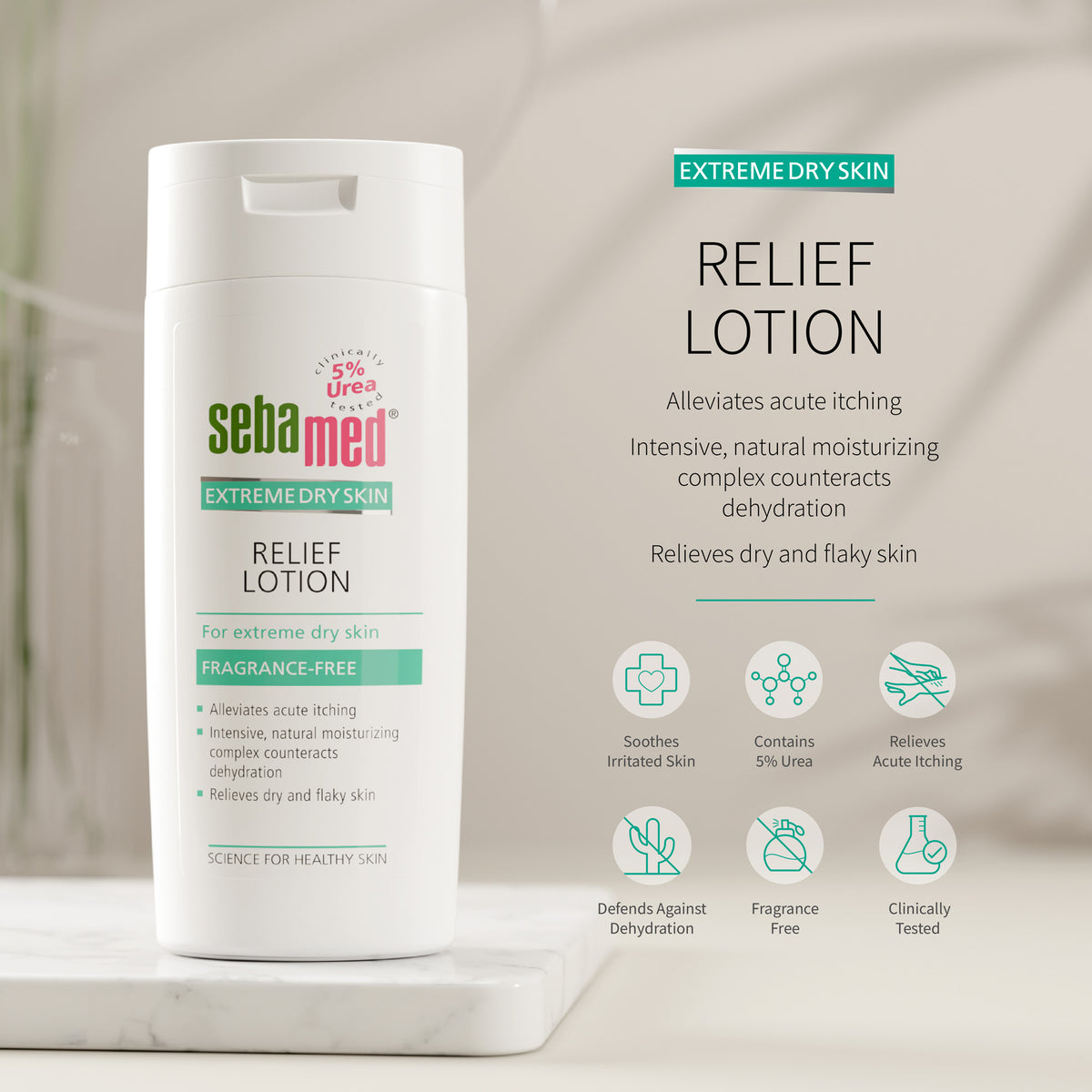 Sebamed Extreme Dry Skin Relief Lotion shown in a white bottle on a marble pedestal with product text and benefit icons on a soft beige background. 